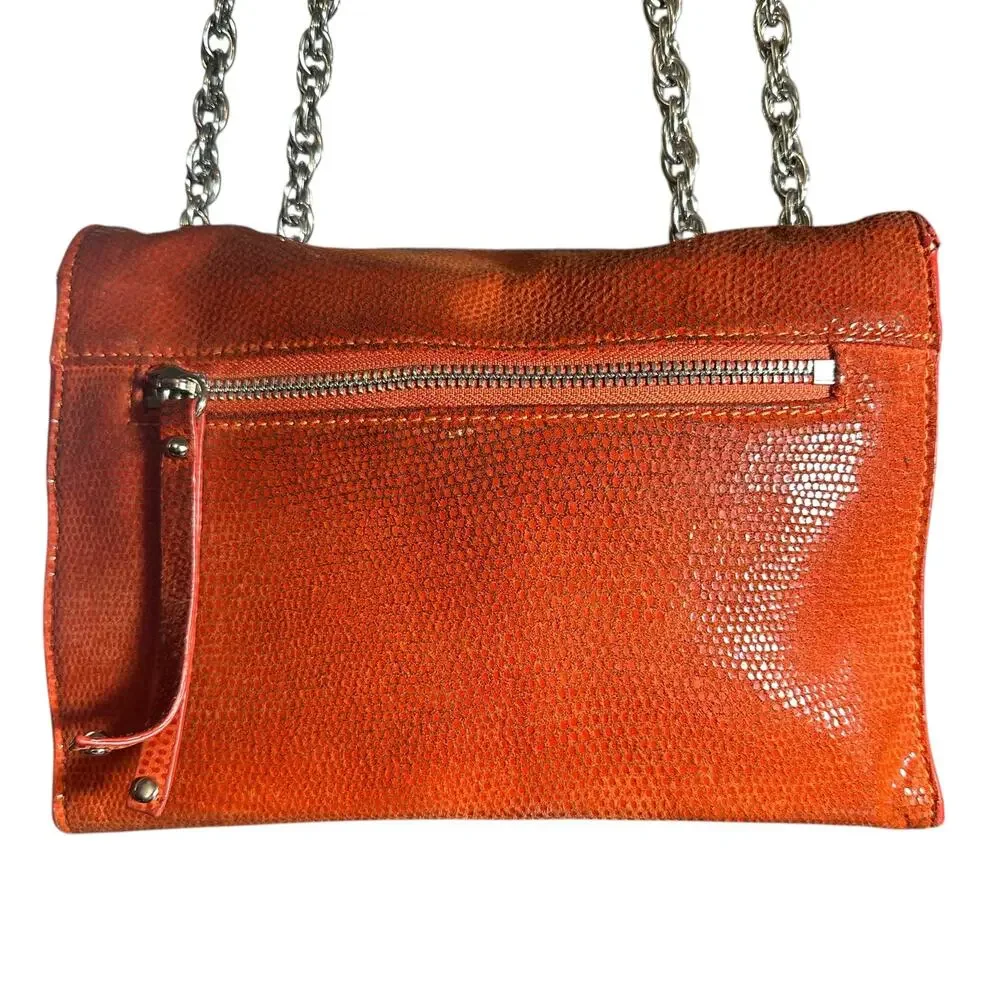 Chez Fine Leather Goods Orange Textured Leather Chain Crossbody Bag Rare
